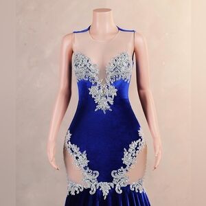 Mermaid Evening Gown Royal Blue- Size 10 – Silver Beaded Lace Detail – NWT